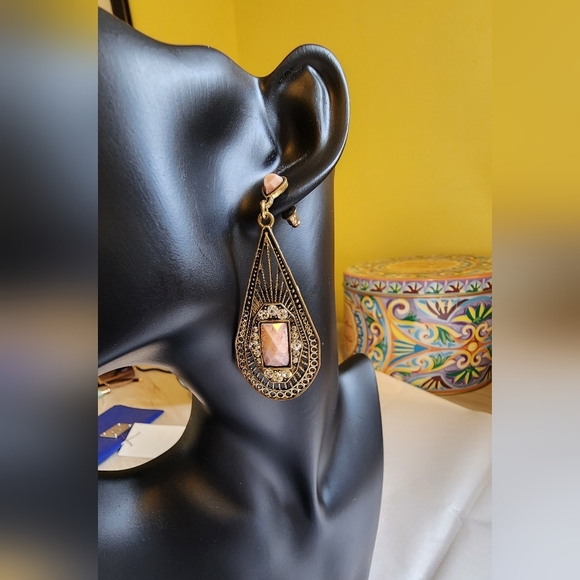 Boho Bronze And Pink Stone Teardrop Earrings - Picture 9 of 12